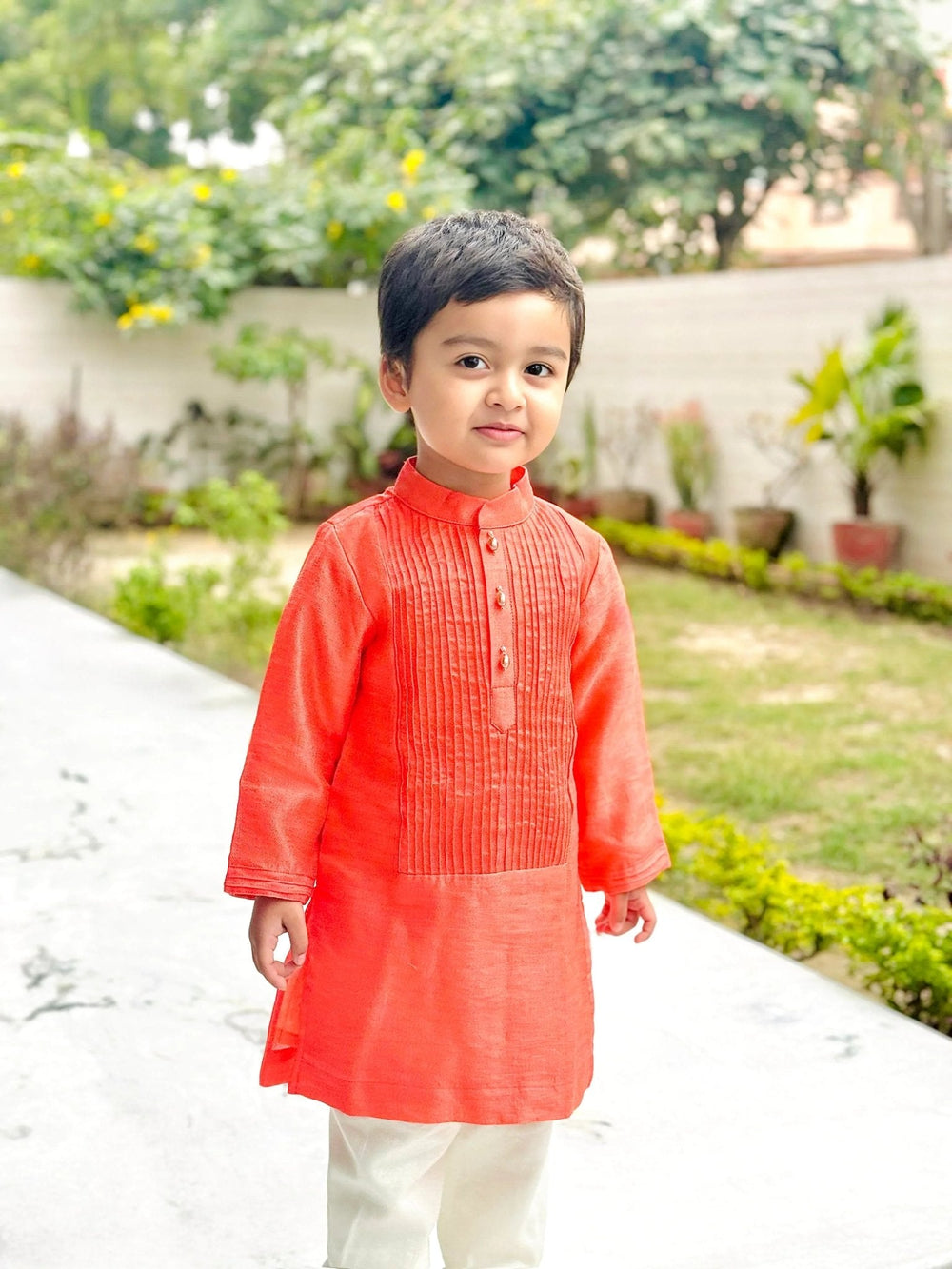 Bright Peach Tissue Kurta & Off-White Cotton Pyjama Set for Boys - BYB PREMIUM