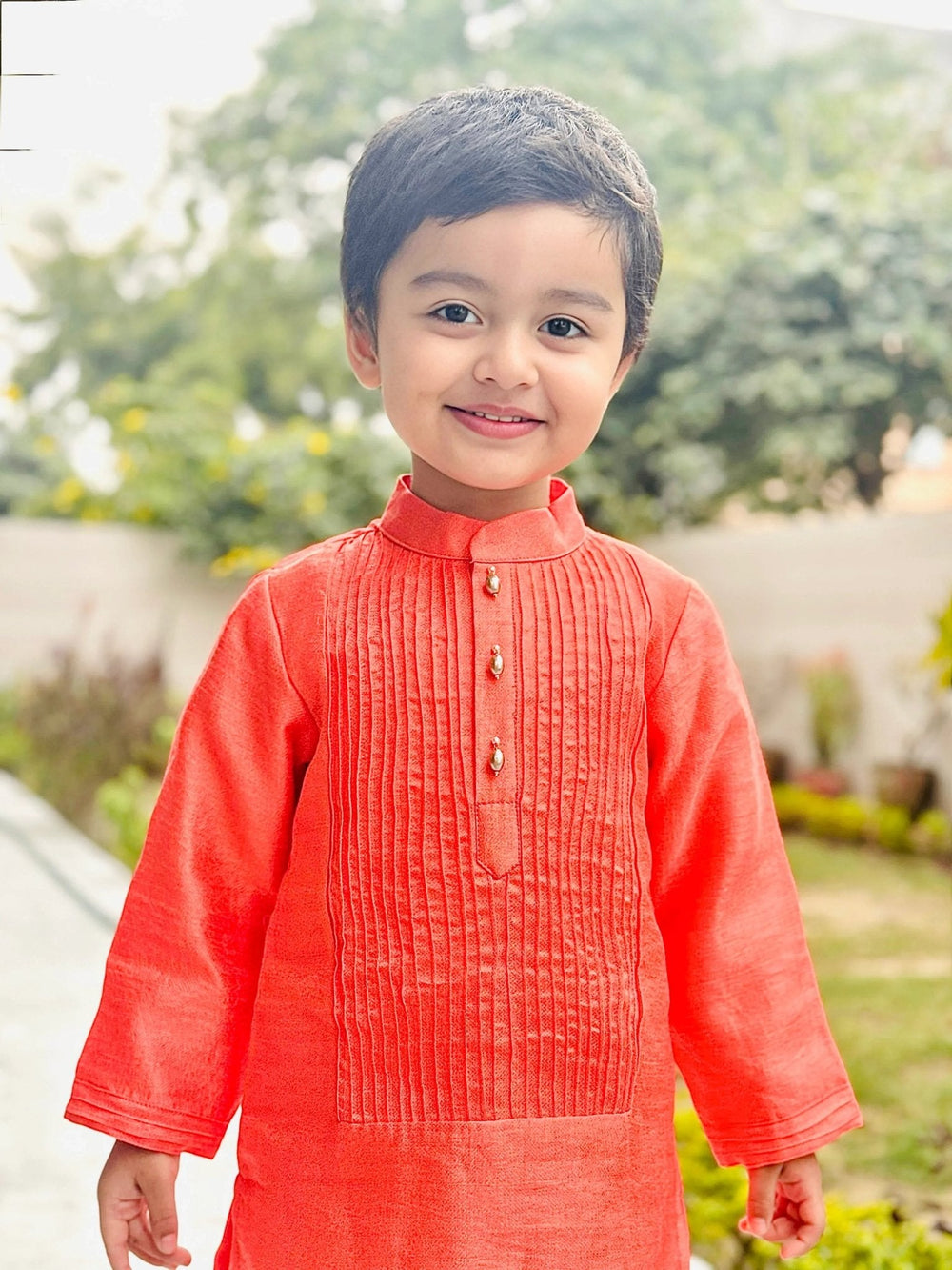 Bright Peach Tissue Kurta & Off-White Cotton Pyjama Set for Boys - BYB PREMIUM