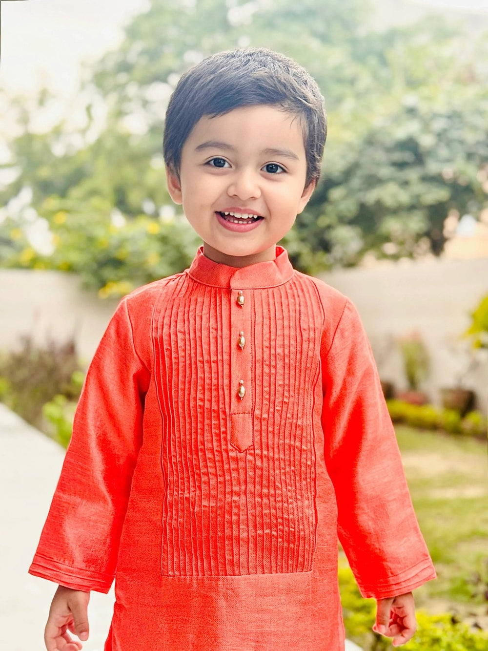 Bright Peach Tissue Kurta & Off-White Cotton Pyjama Set for Boys - BYB PREMIUM
