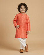 Load image into Gallery viewer, Bright Peach Tissue Kurta &amp; Off-White Cotton Pyjama Set for Boys - BYB PREMIUM
