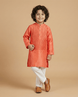 Bright Peach Tissue Kurta & Off-White Cotton Pyjama Set for Boys - BYB PREMIUM