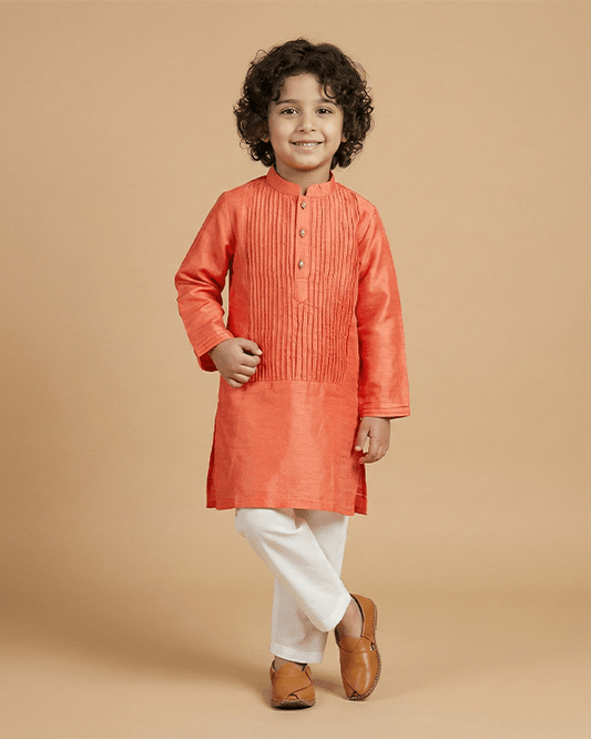 Bright Peach Tissue Kurta & Off-White Cotton Pyjama Set for Boys - BYB PREMIUM