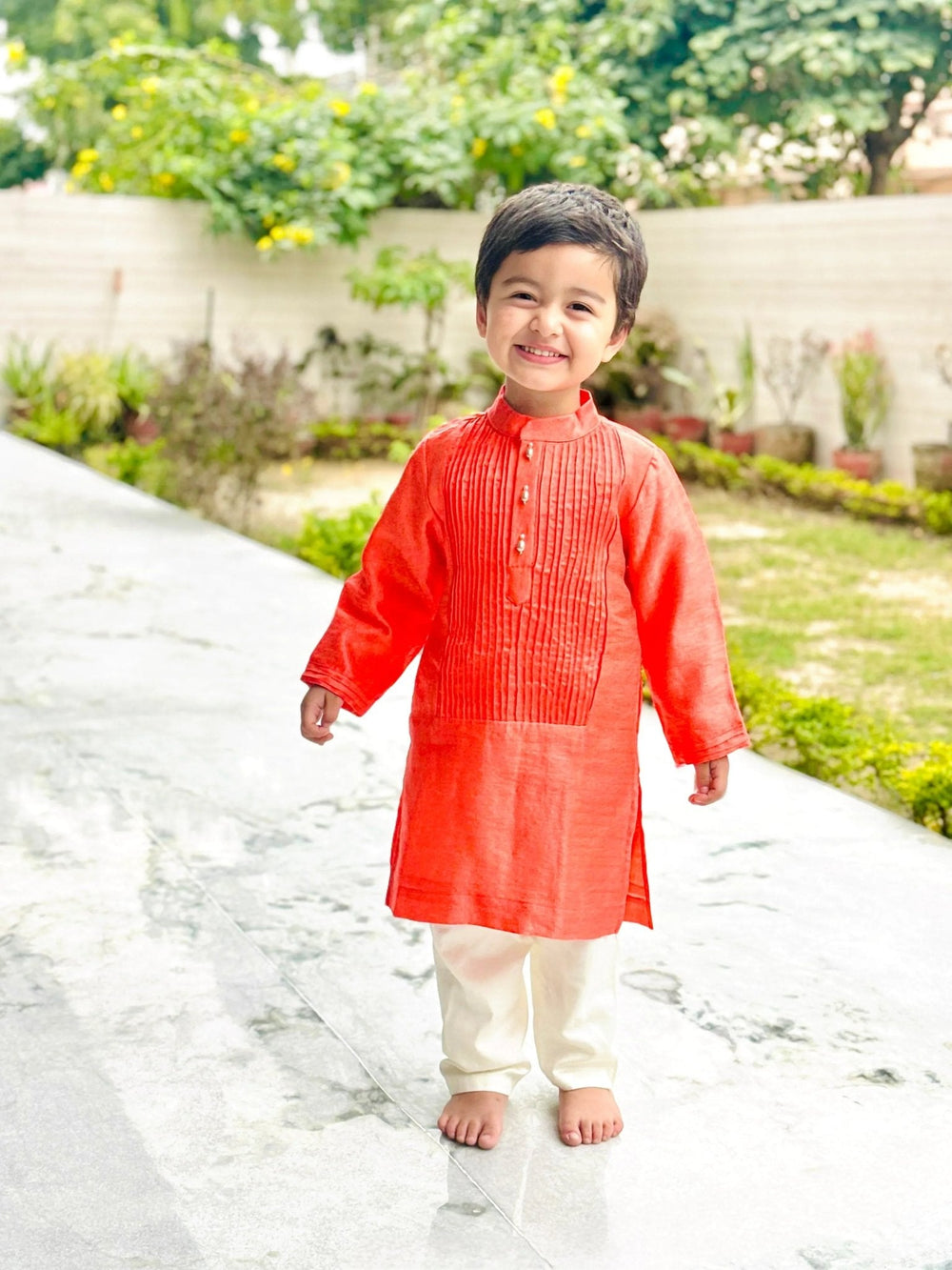 Bright Peach Tissue Kurta & Off-White Cotton Pyjama Set for Boys - BYB PREMIUM