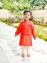 Bright Peach Tissue Kurta & Off-White Cotton Pyjama Set for Boys - BYB PREMIUM