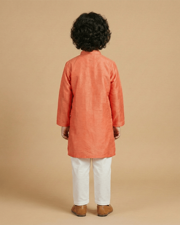 Bright Peach Tissue Kurta & Off-White Cotton Pyjama Set for Boys - BYB PREMIUM