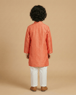 Load image into Gallery viewer, Bright Peach Tissue Kurta &amp; Off-White Cotton Pyjama Set for Boys - BYB PREMIUM
