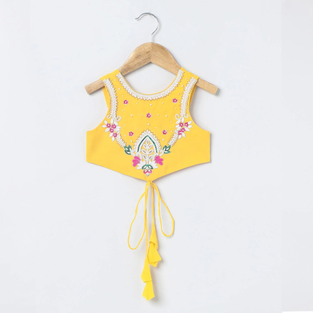 Bright yellow chiffon hand embroidered lehenga set for girls   byb premium
