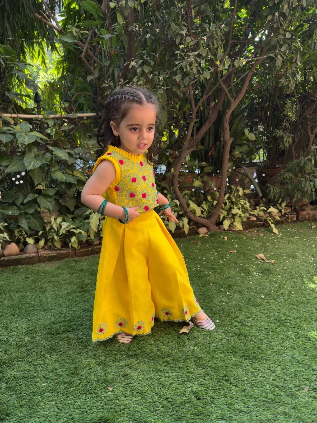 Bright yellow col embroidered cord set with satin finish tissue fabric. - BYB PREMIUM