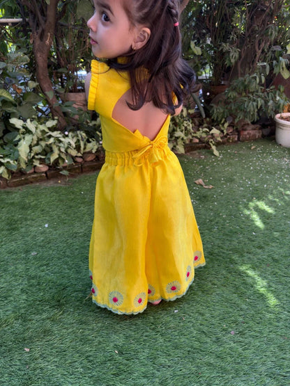 Bright yellow col embroidered cord set with satin finish tissue fabric. - BYB PREMIUM