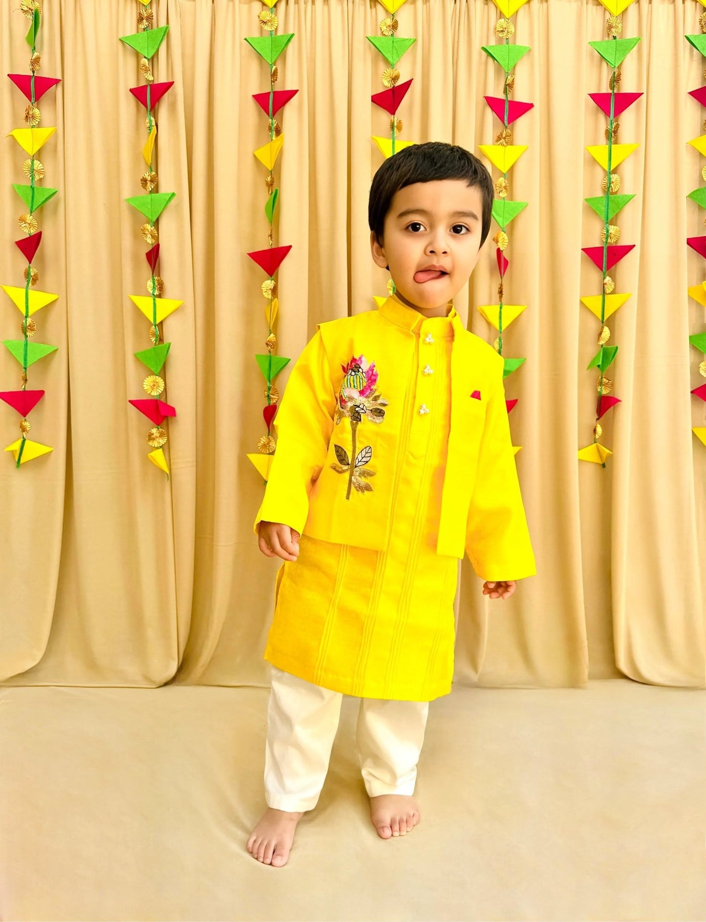 Bright Yellow Kurta Pyjama Set with Embroidered Jacket - BYB PREMIUM