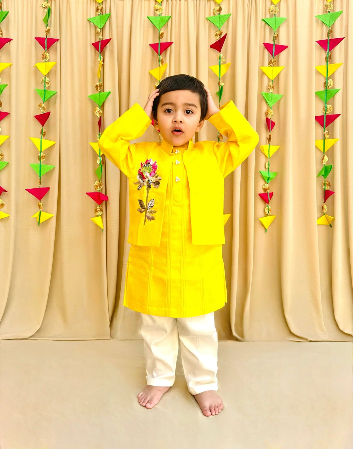 Bright yellow kurta pyjama set with embroidered jacket   byb premium