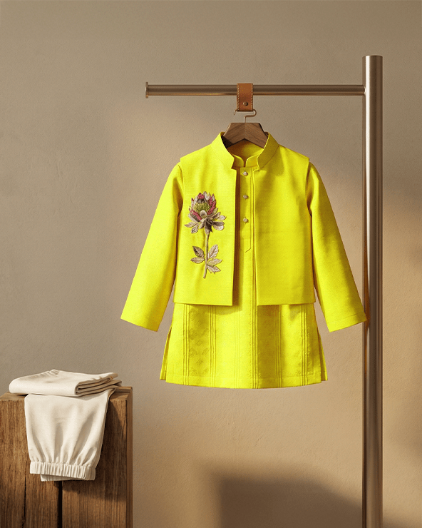 Bright Yellow Tissue Fabric Kurta Pyjama Set for Boys with Embroidered Bandi - BYB PREMIUM
