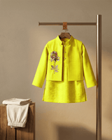 Bright Yellow Tissue Fabric Kurta Pyjama Set for Boys with Embroidered Bandi - BYB PREMIUM