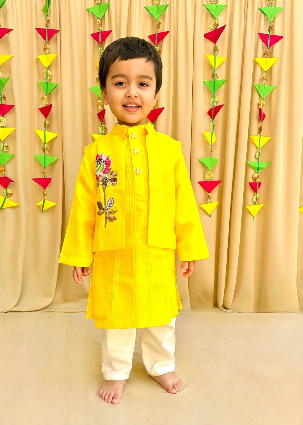 Bright Yellow Tissue Fabric Kurta Pyjama Set for Boys with Embroidered Bandi - BYB PREMIUM