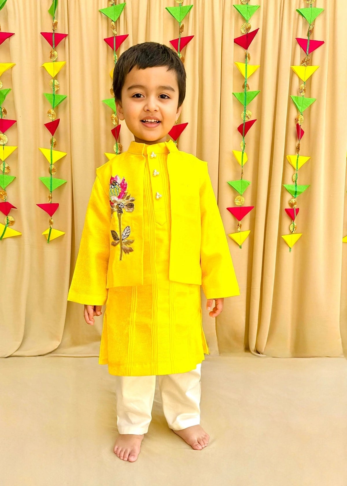 Bright yellow tissue fabric kurta pyjama set for boys with embroidered bandi   byb premium