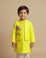 Bright Yellow Tissue Fabric Kurta Pyjama Set for Boys with Embroidered Bandi - BYB PREMIUM
