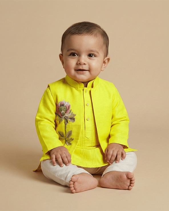 Bright Yellow Tissue Fabric Kurta Pyjama Set for Boys with Embroidered Bandi - BYB PREMIUM