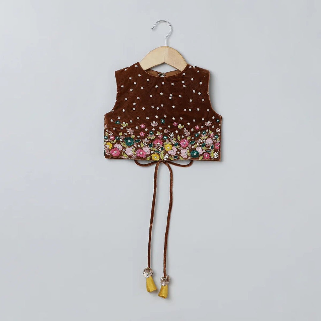 Brown Velvet Top & Mustard Yellow Silk Skirt Set - BYB PREMIUM