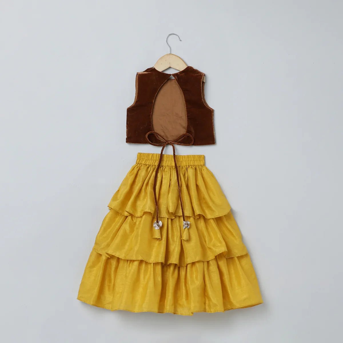 Brown Velvet Top & Mustard Yellow Silk Skirt Set - BYB PREMIUM