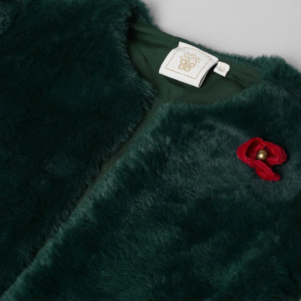 Cherry Red Ballon Dress With Green Fur Jacket - BYB PREMIUM