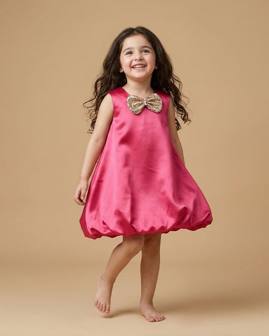 Cherry Red Satin Girls Party Dress with Bow Detail Sleeveless Bubble Dress - BYB PREMIUM