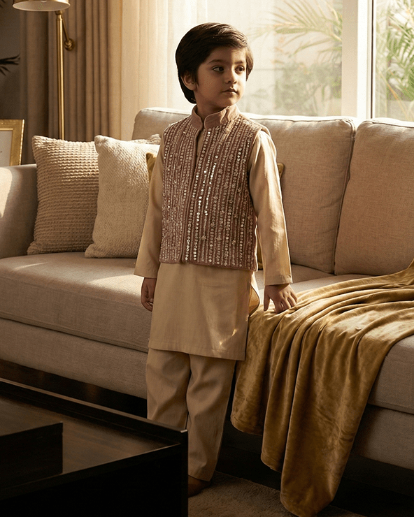 Cream Kurta with Dusty Pink Velvet Bandi for Boys | Raw Silk Ethnic Set - BYB PREMIUM
