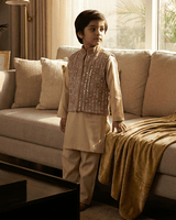 Cream Kurta with Dusty Pink Velvet Bandi for Boys | Raw Silk Ethnic Set - BYB PREMIUM