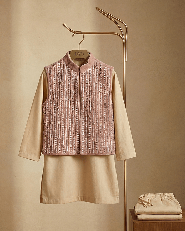 Cream Kurta with Dusty Pink Velvet Bandi for Boys | Raw Silk Ethnic Set - BYB PREMIUM