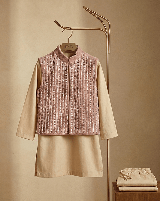 Cream Kurta with Dusty Pink Velvet Bandi for Boys | Raw Silk Ethnic Set - BYB PREMIUM
