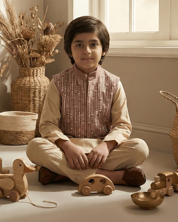 Cream Kurta with Dusty Pink Velvet Bandi for Boys | Raw Silk Ethnic Set - BYB PREMIUM