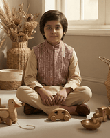 Cream Kurta with Dusty Pink Velvet Bandi for Boys | Raw Silk Ethnic Set - BYB PREMIUM