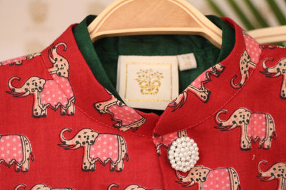 Dark Green & Red Jaipuri Ethnic Set for Boys - BYB PREMIUM