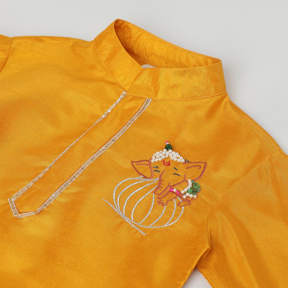 Dark Yellow Dola Silk Kurta Dhoti Set for Boys - BYB PREMIUM