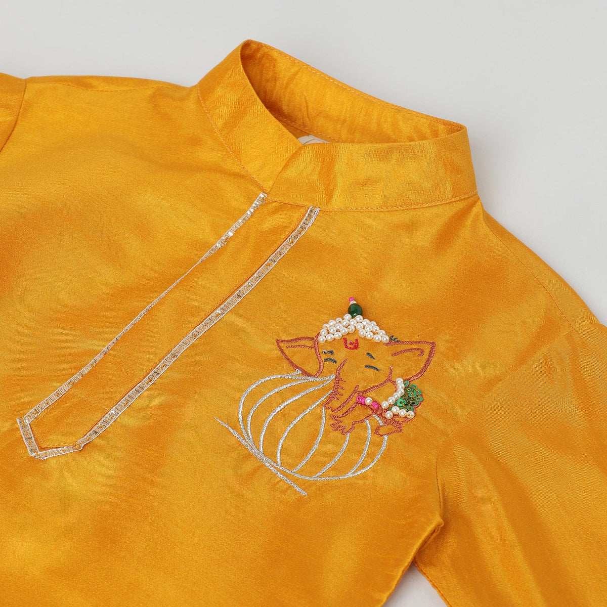Dark yellow dola silk kurta dhoti set for boys   byb premium
