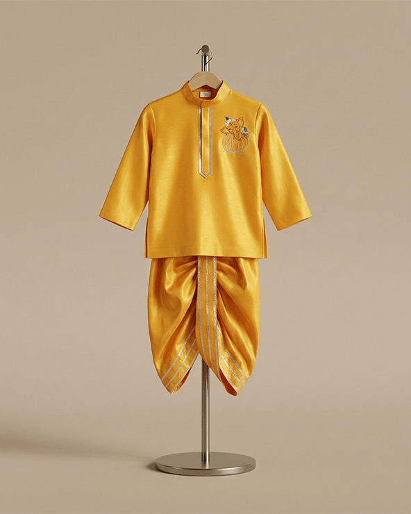 Dark Yellow Dola Silk Kurta Dhoti Set for Boys - BYB PREMIUM