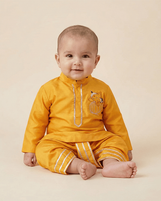 Dark Yellow Dola Silk Kurta Dhoti Set for Boys - BYB PREMIUM