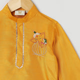 Dola Silk Kurta & Dhoti Set with Pearl-Embellished Ganesha Embroidery - BYB PREMIUM