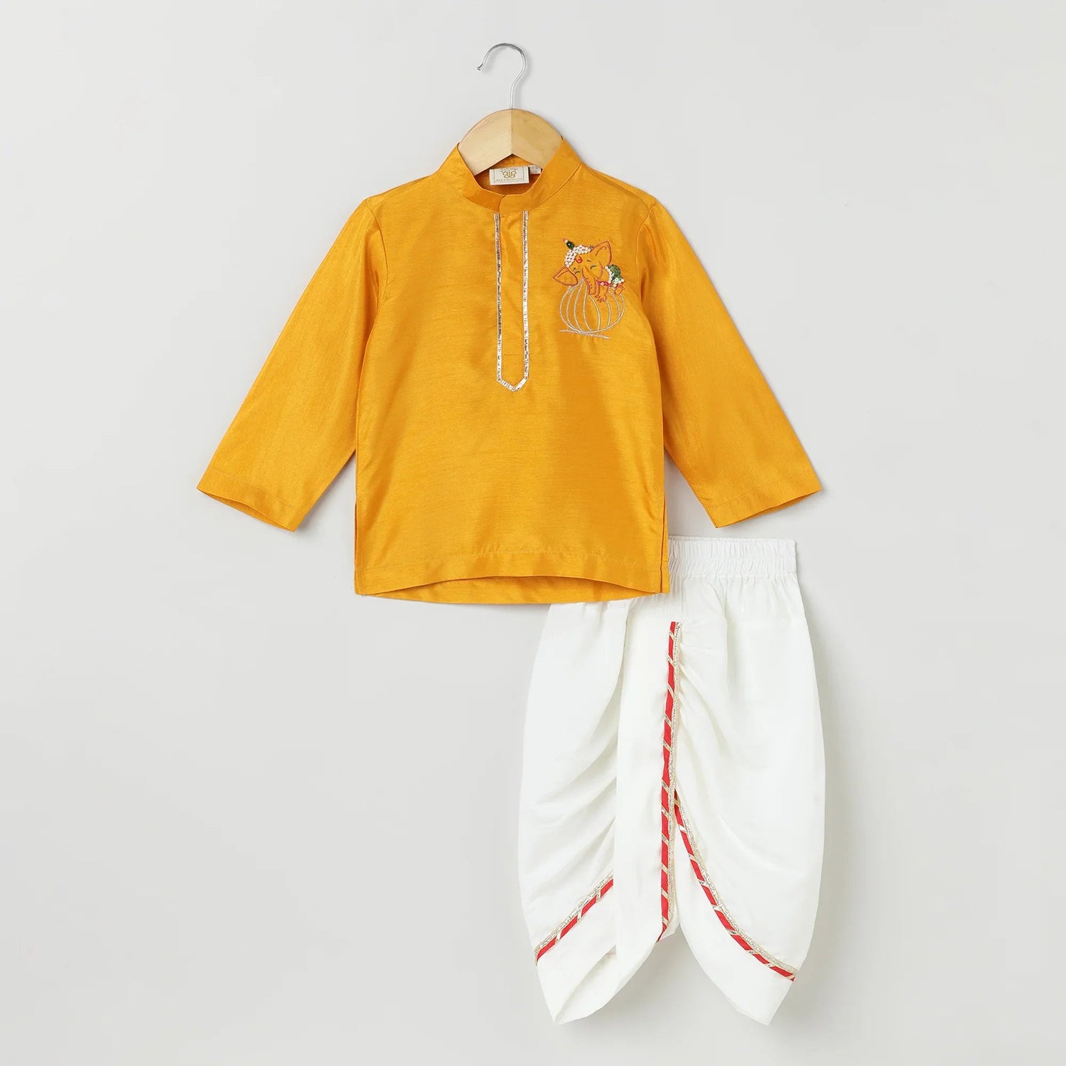 Dola Silk Kurta & Dhoti Set with Pearl - Embellished Ganesha Embroidery - BYB PREMIUM