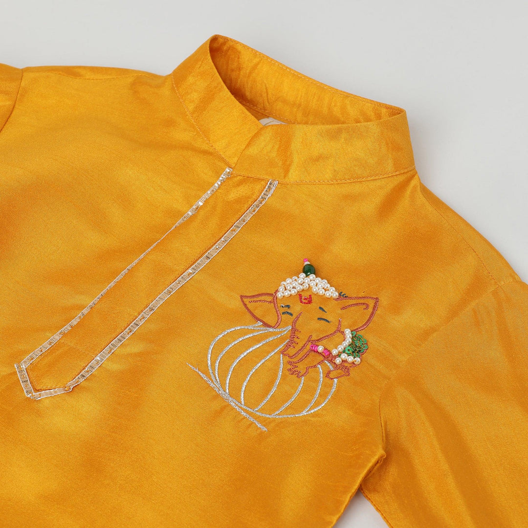 Dola Silk Kurta & Dhoti Set with Pearl-Embellished Ganesha Embroidery - BYB PREMIUM