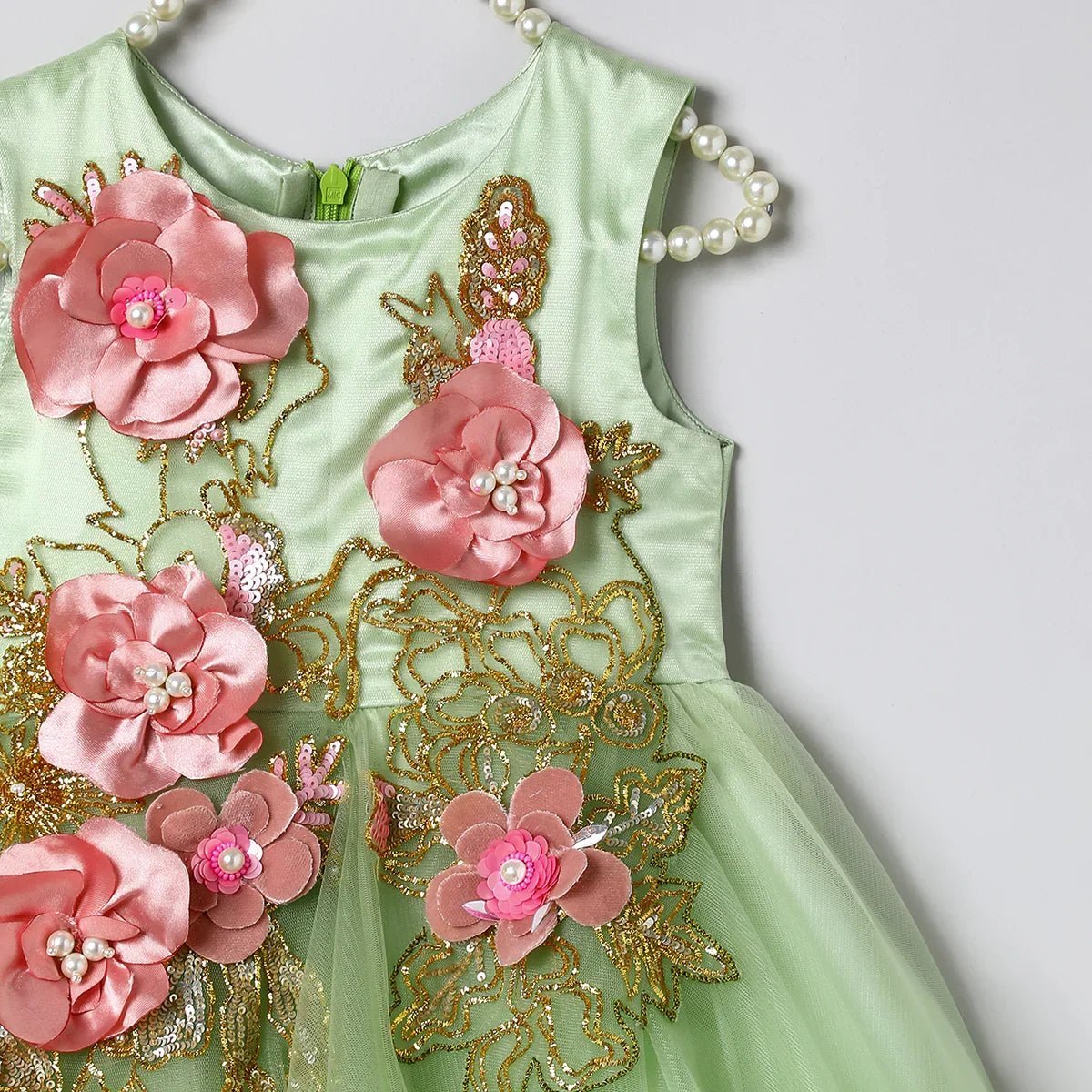 Dusty lime tulle girls party gown with zardozi embroidery & 3d floral detailing   byb premium