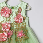 Load image into Gallery viewer, Dusty Lime Tulle Girls Party Gown with Zardozi Embroidery &amp; 3D Floral Detailing - BYB PREMIUM
