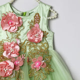 Dusty Lime Tulle Girls Party Gown with Zardozi Embroidery & 3D Floral Detailing - BYB PREMIUM
