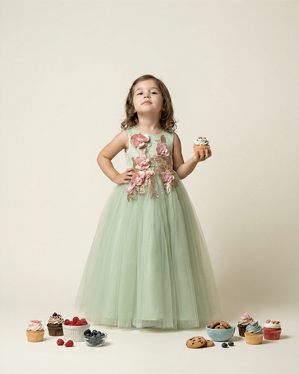Dusty Lime Tulle Girls Party Gown with Zardozi Embroidery & 3D Floral Detailing - BYB PREMIUM