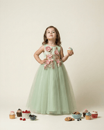 Load image into Gallery viewer, Dusty Lime Tulle Girls Party Gown with Zardozi Embroidery &amp; 3D Floral Detailing - BYB PREMIUM
