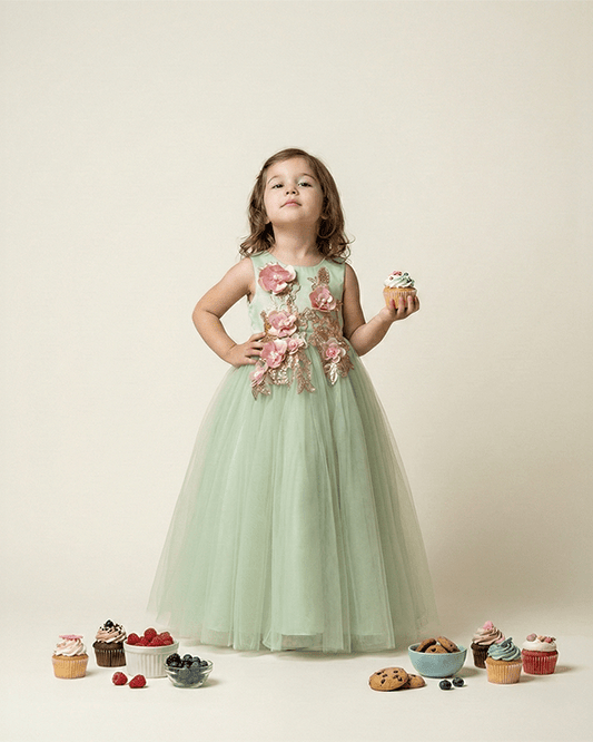 Dusty Lime Tulle Girls Party Gown with Zardozi Embroidery & 3D Floral Detailing - BYB PREMIUM