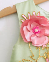 Dusty Lime Tulle Girls Party Gown with Zardozi Embroidery & 3D Floral Detailing - BYB PREMIUM