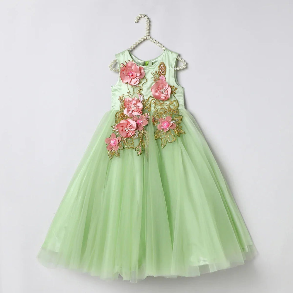 Dusty Lime Tulle Girls Party Gown with Zardozi Embroidery & 3D Floral Detailing - BYB PREMIUM