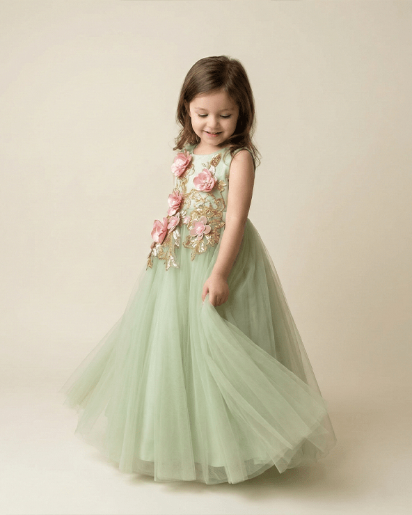Dusty Lime Tulle Girls Party Gown with Zardozi Embroidery & 3D Floral Detailing - BYB PREMIUM