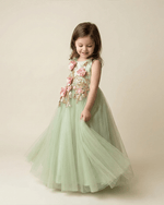 Load image into Gallery viewer, Dusty Lime Tulle Girls Party Gown with Zardozi Embroidery &amp; 3D Floral Detailing - BYB PREMIUM
