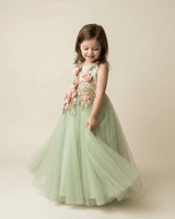Dusty Lime Tulle Girls Party Gown with Zardozi Embroidery & 3D Floral Detailing - BYB PREMIUM